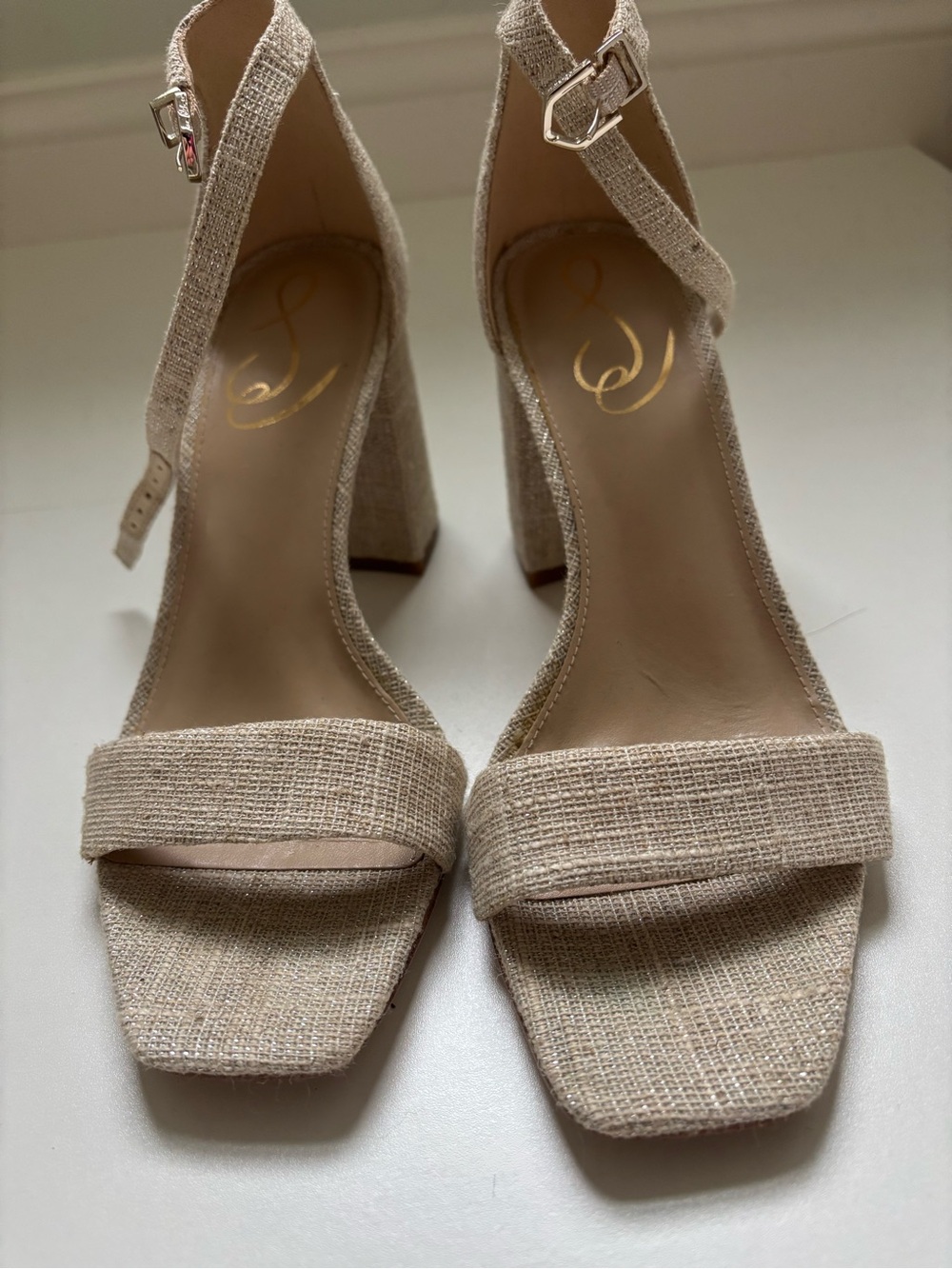 Neutral Linen-Look Block Heel Sandals with Ankle Strap